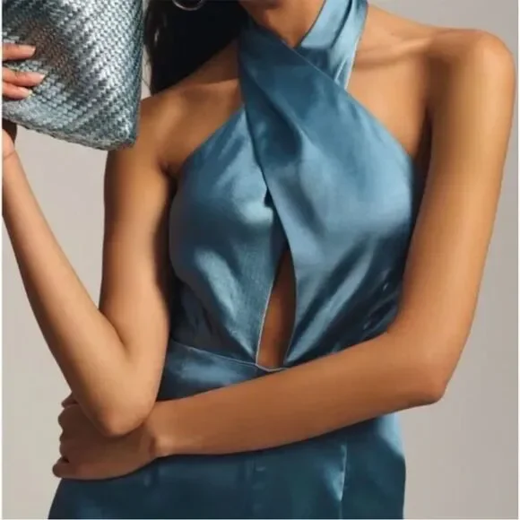 NWT Anthropologie Elliat Begonia Cadet Blue Satin Halter Neck Jumpsuit Size XS - Picture 7 of 8